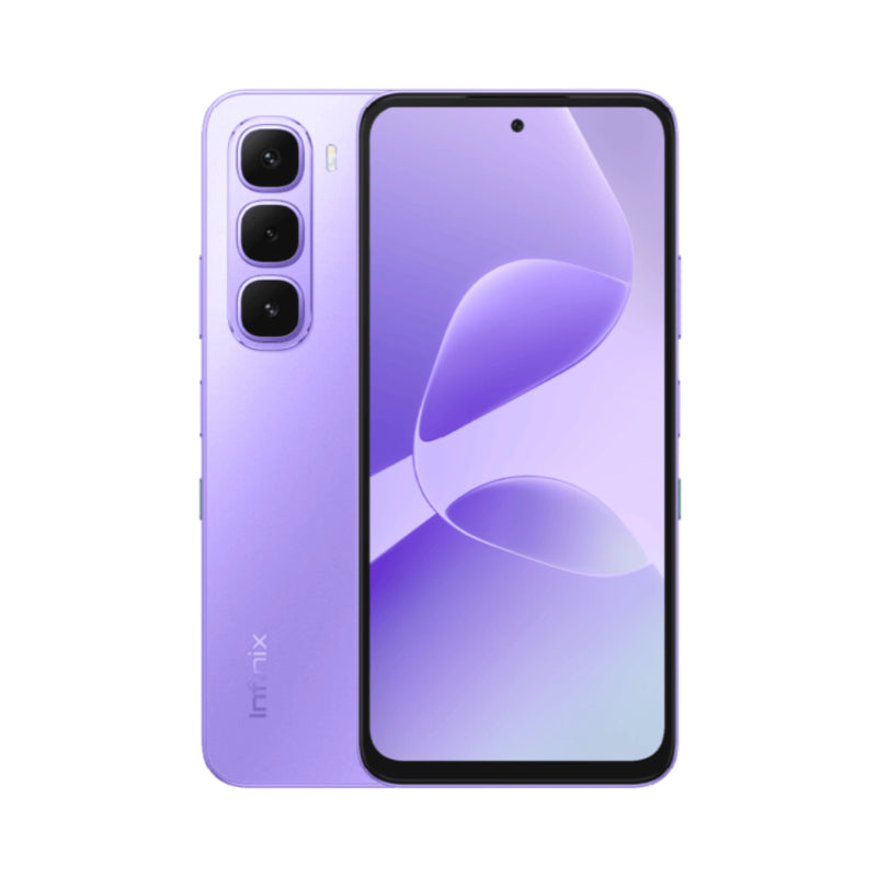 Infinix Hot 60i in Soul Eye Purple, back and front view with the triple camera island
